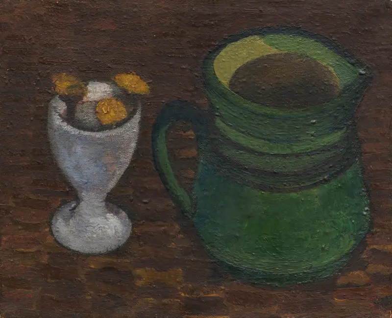 Stillleben mit Eierbecher und grünem Henkeltopf av Paula Modersohn-Becker