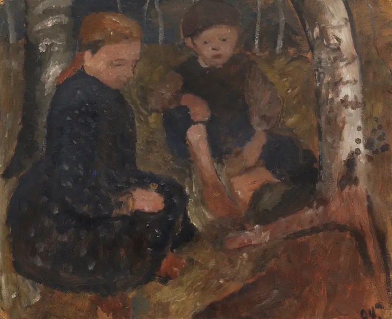 Zwei sitzende Kinder im Wald av Paula Modersohn-Becker