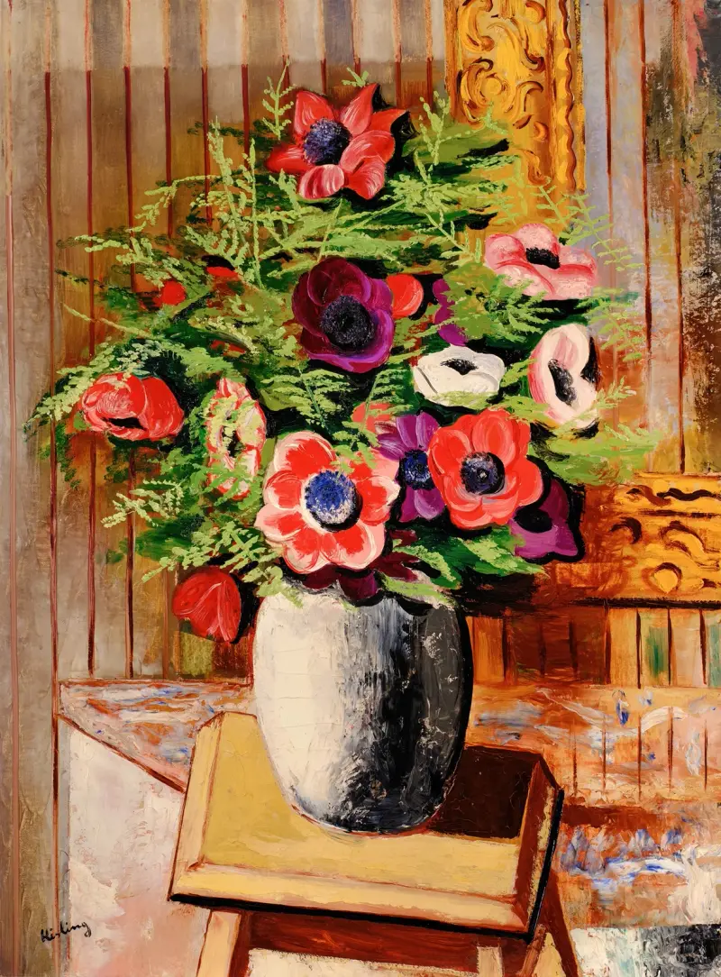 Vase de fleurs sur un tabouret av Moïse Kisling