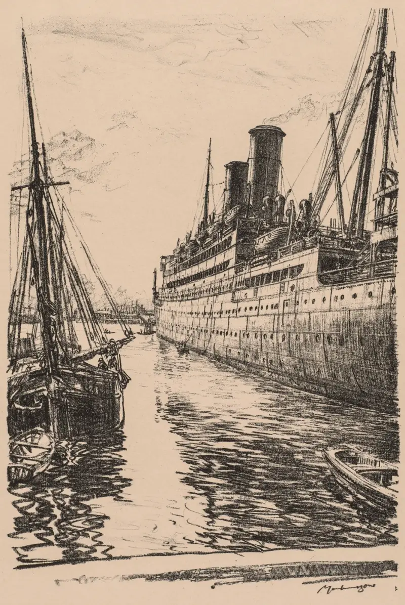 On the Clyde, 1917-1918; The Tuscania at Glasgow av Muirhead Bone