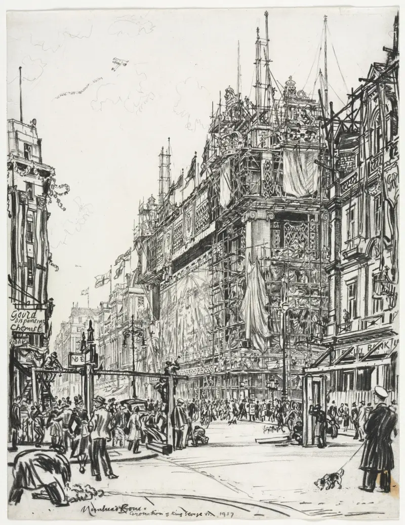 Selfridges, Oxford Street; kröningen av Georg VI av Muirhead Bone