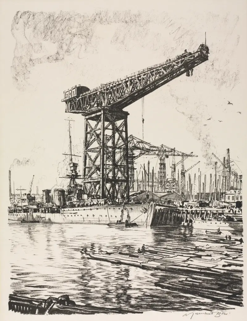 The Great War; Britain’s Efforts and Ideals; Building Ships; A Fitting Out Basin av Muirhead Bone