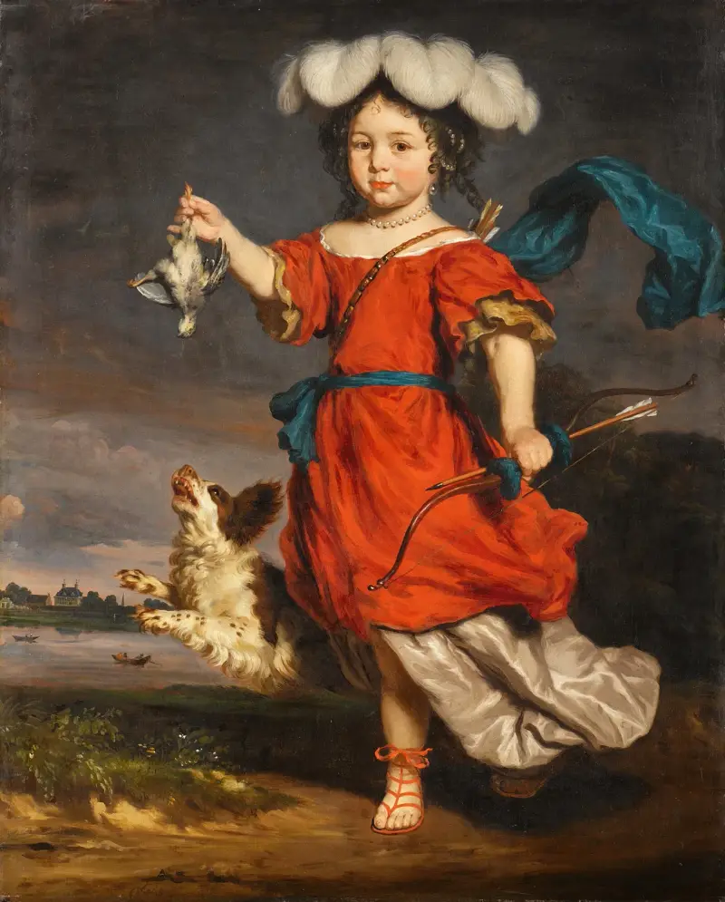 Porträtt av en ung flicka som jägarinna av Nicolaes Maes
