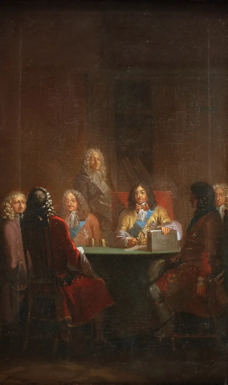 Kristian V framlägger Danske Lov 1683 av Nicolai Abildgaard