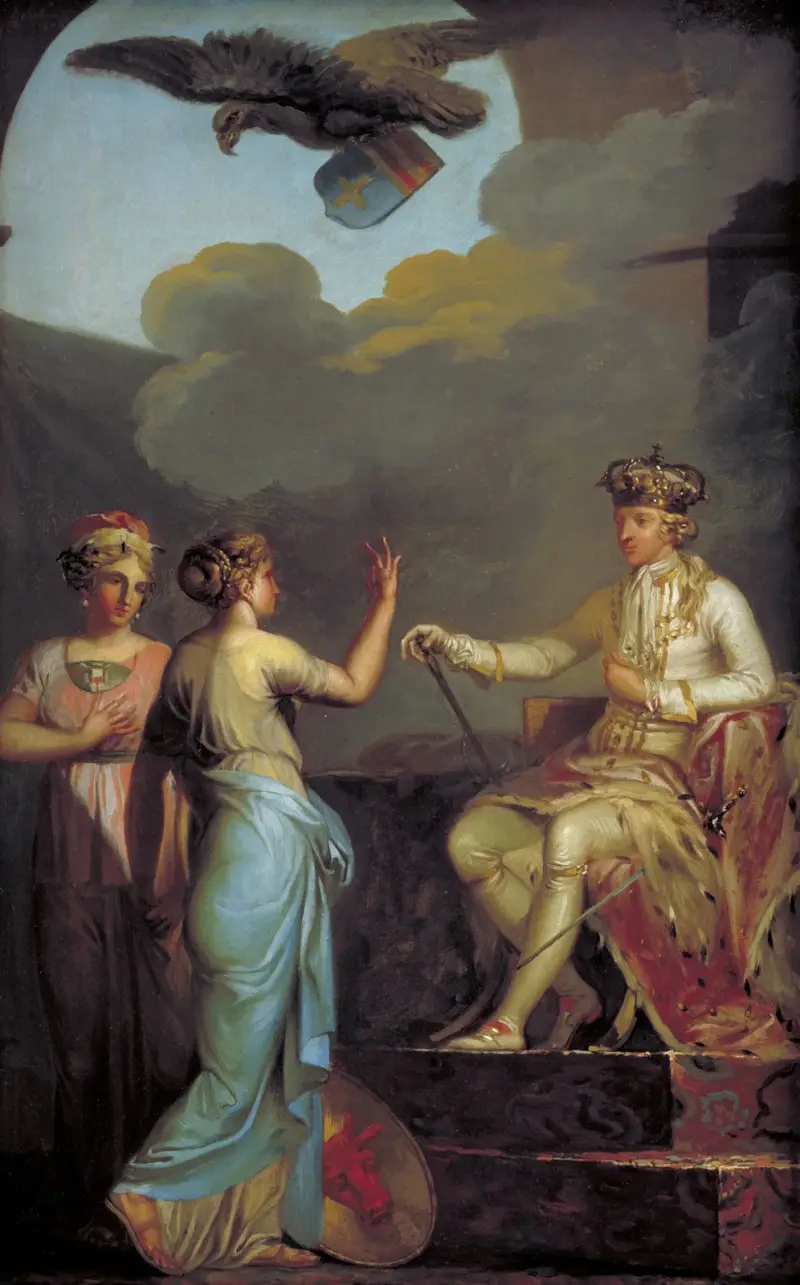 Christian VII. vereint 1773 den herzoglichen mit dem königlichen Teil von Holstein von Nicolai Abildgaard