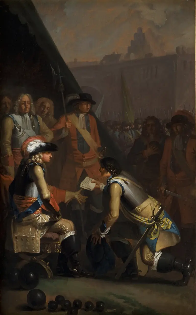 Magnus Stenbock överlämnar fästningen Tønningen till Fredrik IV 1714 av Nicolai Abildgaard