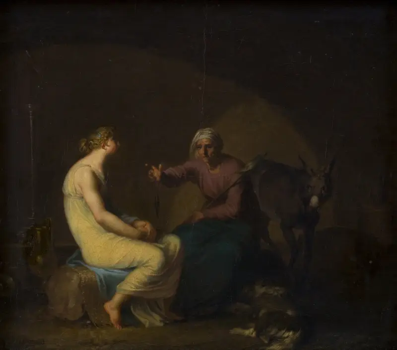 Rövarbandets hushållerska tröstar den unga flickan med myten om Amor och Psyche. Motiv från Apulejus, Det gyllene äslet av Nicolai Abildgaard