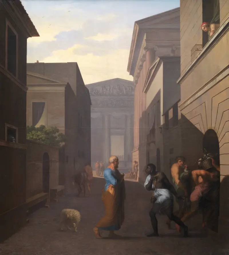 Simo und sein ehemaliger Sklave Sosia. Aus Terenz' Andria. von Nicolai Abildgaard