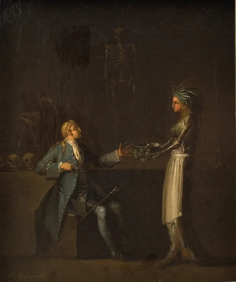 Die Frau des Doktors enthüllt die Absicht ihres Mannes, Niels Klim zu anatomisieren von Nicolai Abildgaard