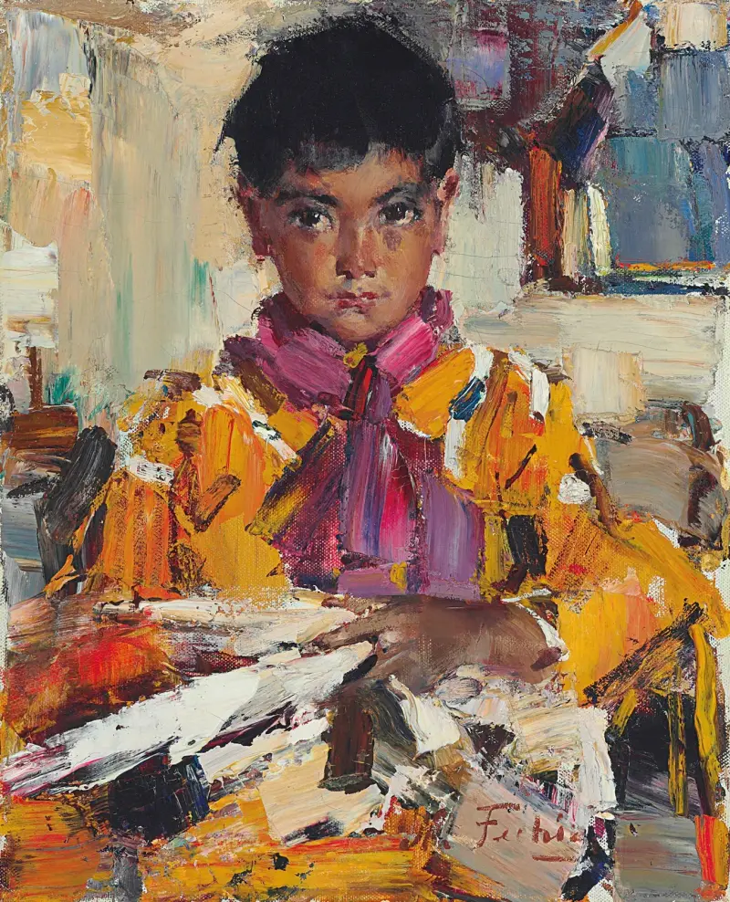 Indianpojke med solfjäder av Nicolai Fechin