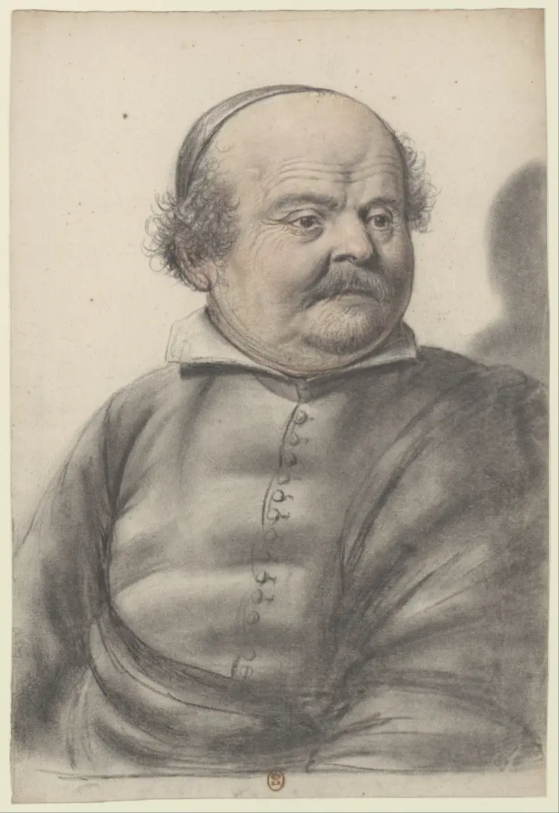 Man med runt ansikte, mustasch och pipskägg, med kalott, huvudet tre fjärdedels vy mot höger av Nicolas Lagneau