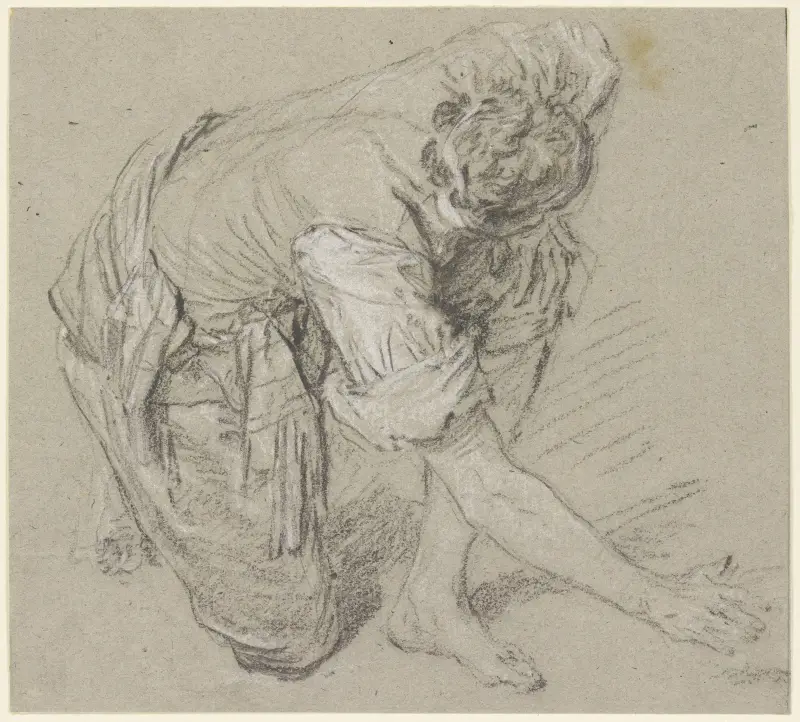 Man på alla fyra på marken (pojke som leker med kycklingar), 1730 – nr 1 av Nicolas Lancret