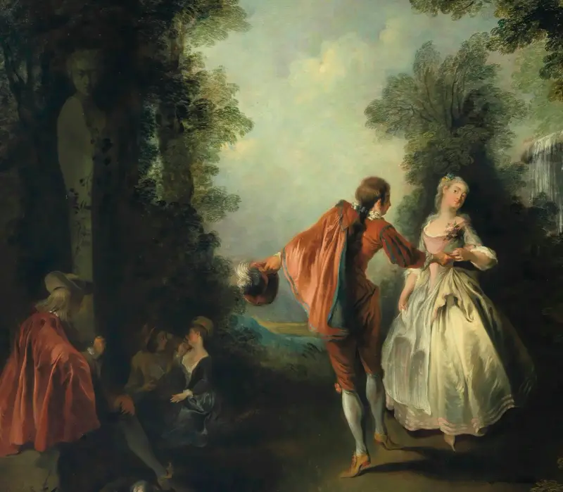 Eleganta figurer dansande i skogslandskap av Nicolas Lancret