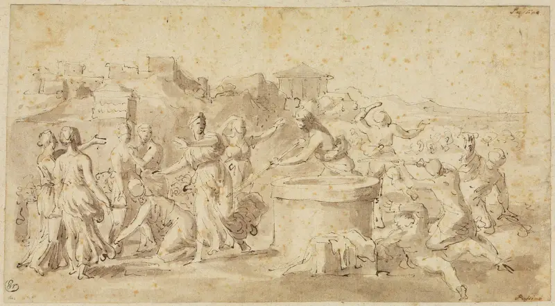 Moses försvarar Jethros döttrar vid brunnen av Nicolas Poussin