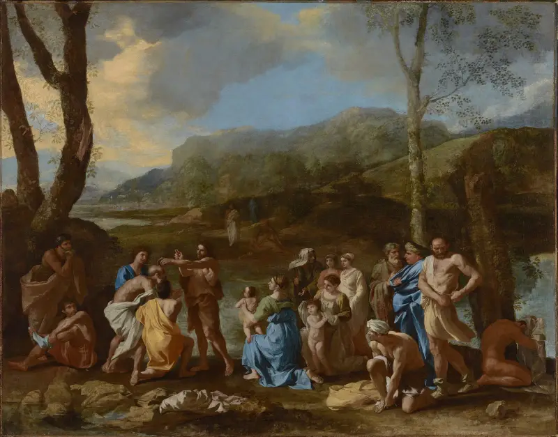 Saint John Baptizing in the River Jordan av Nicolas Poussin