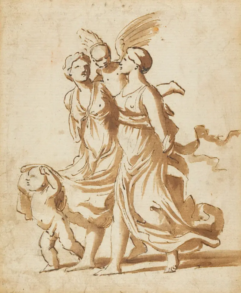 Two Girls Accompanied by Cupid av Nicolas Poussin