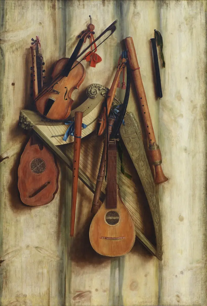 Väggparti med musikinstrument. Trompe l'œil av Cornelis Norbertus Gijsbrechts