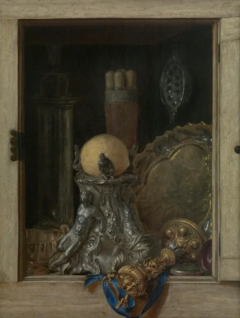 Trompe l'œil av ett öppet skåp med dyrbara kärl av Cornelis Norbertus Gijsbrechts
