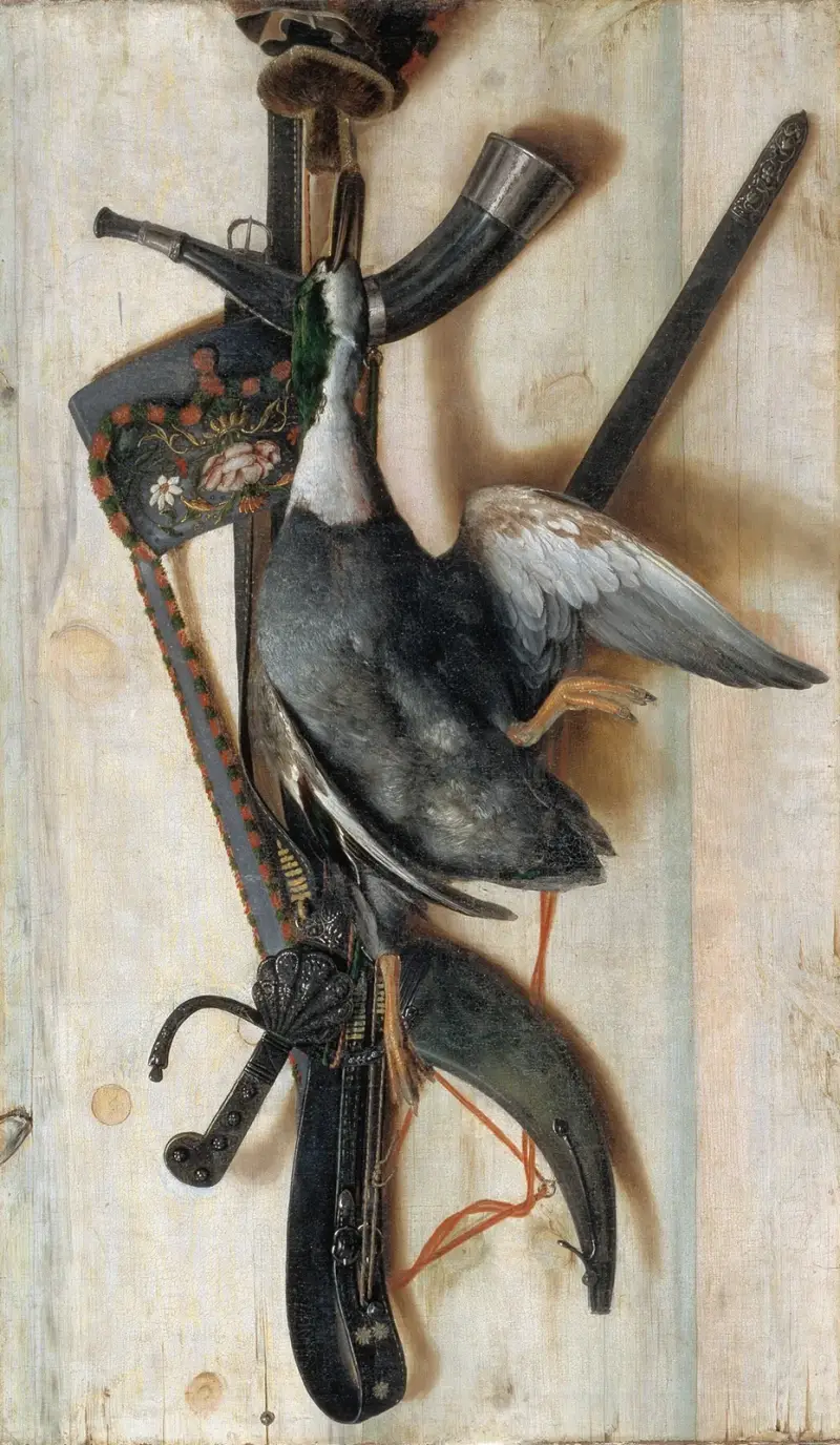 Trompe l'œil med död and och jaktredskap av Cornelis Norbertus Gijsbrechts