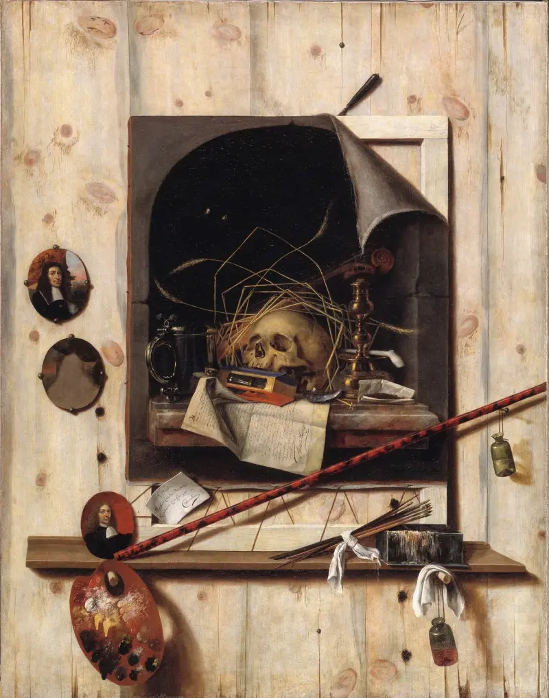 Trompe l'œil med ateljévägg och vanitasstilleben av Cornelis Norbertus Gijsbrechts
