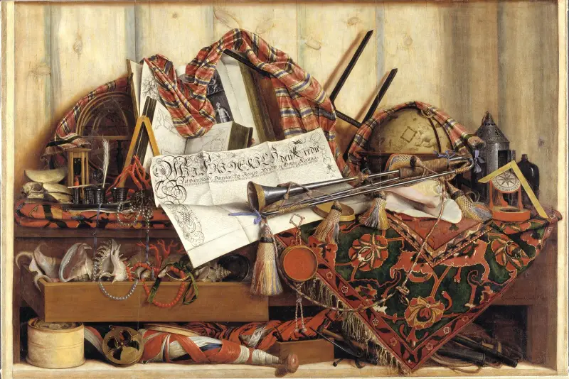 Trompe l'œil med trumpet, himmelsglob och proklamation av Fredrik III av Cornelis Norbertus Gijsbrechts