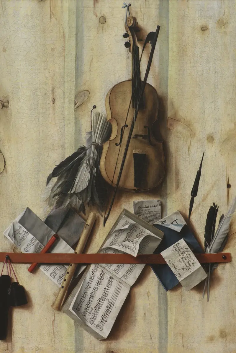 Trompe l'œil med violin, notbok och blockflöjt av Cornelis Norbertus Gijsbrechts