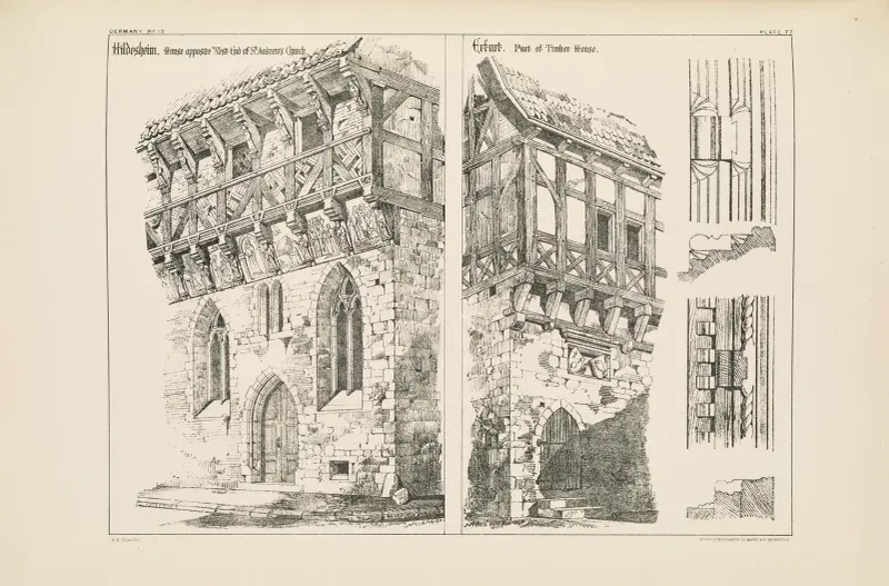 Hildesheim. Haus gegenüber dem westlichen Ende der Andreaskirche, Erfurt. Teil eines Fachwerkhauses von Richard Norman Shaw