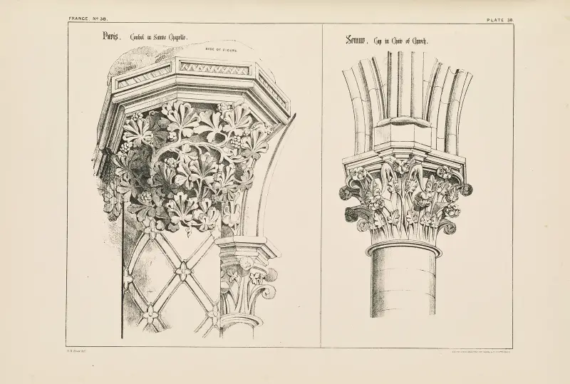 Paris. Kragsten i Sainte-Chapelle, Semur. Kapitäl i kyrkans kor av Richard Norman Shaw