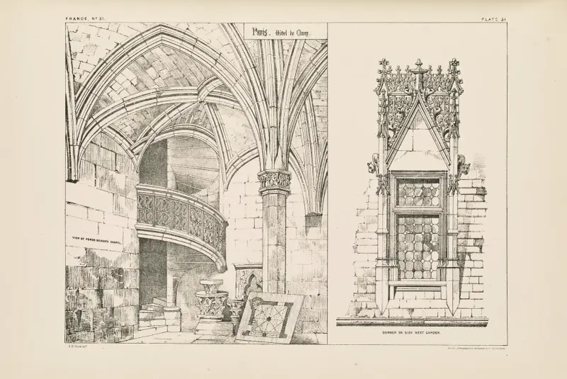 Paris. Hôtel de Cluny. Vy över portiken under kapellet och takfönstret av Richard Norman Shaw