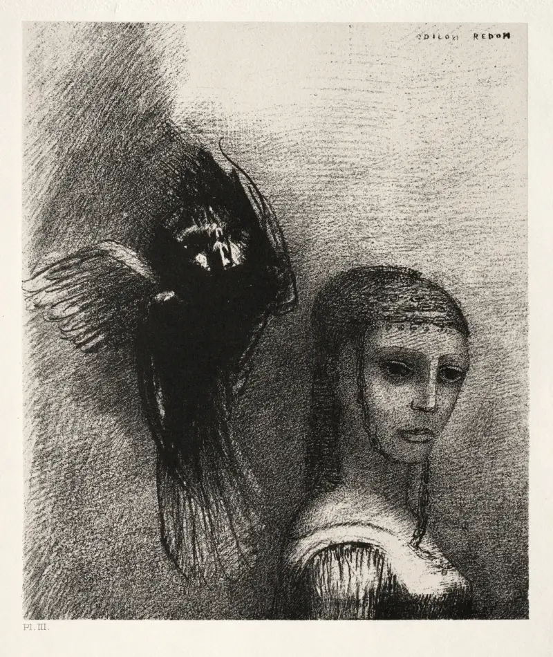 Und ein großer Vogel, der vom Himmel stürzt, wirft sich auf den höchsten Punkt ihres Haares von Odilon Redon