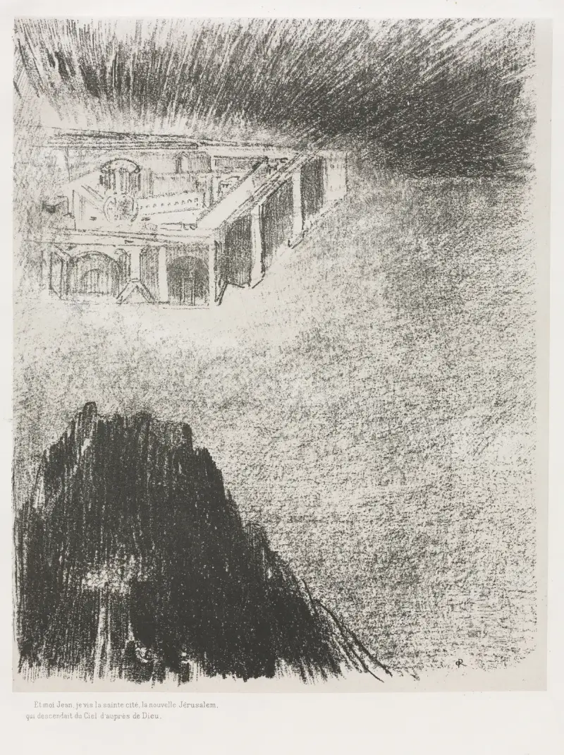 Och jag, Johannes, såg den heliga staden, det nya Jerusalem, komma ner från Gud och från himlen av Odilon Redon
