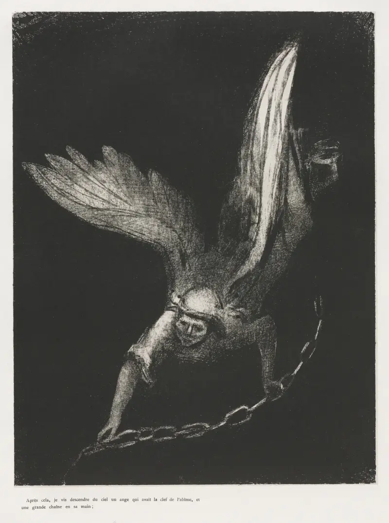 Och jag såg en ängel komma ner från himlen, med nyckeln till avgrunden och en stor kedja i sin hand av Odilon Redon