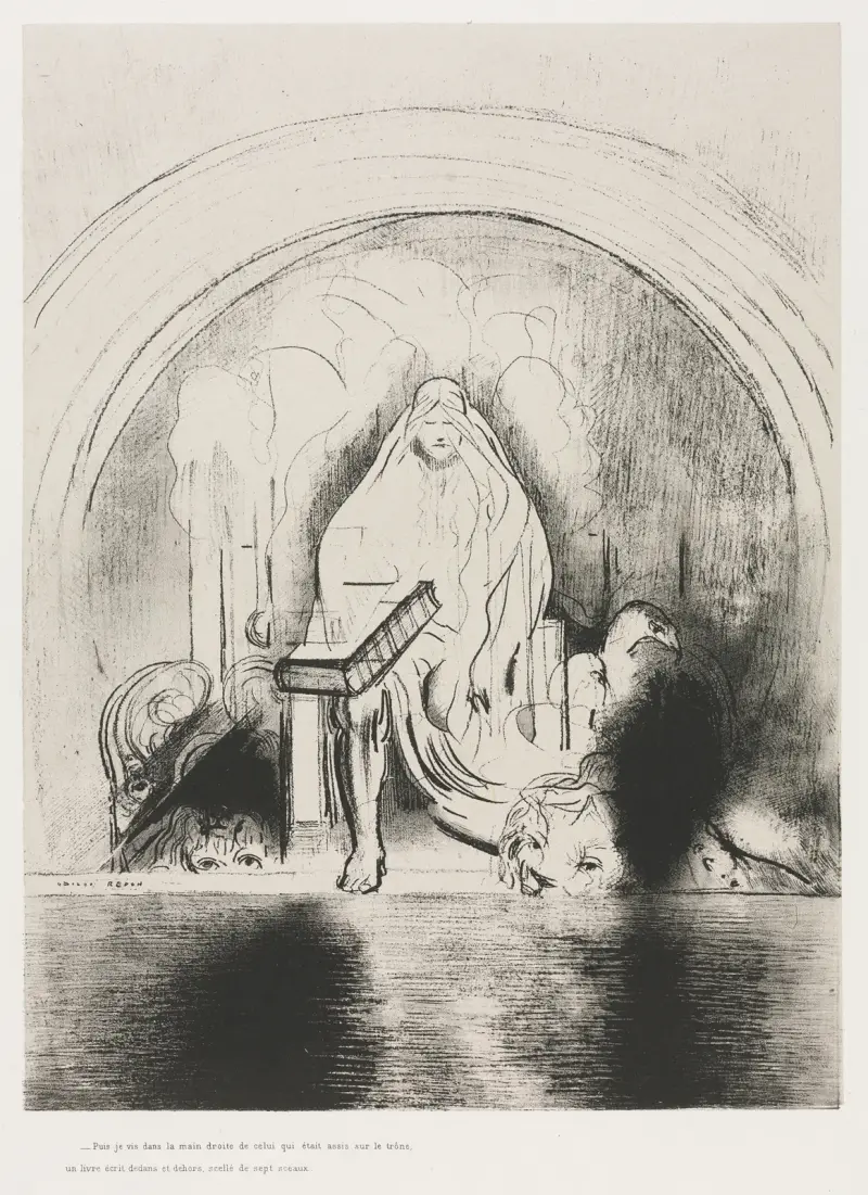 Und ich sah in der rechten Hand dessen, der auf dem Thron saß, ein Buch, beschrieben inwendig und auswendig, versiegelt mit sieben Siegeln, 1899 – Nr. 1 von Odilon Redon