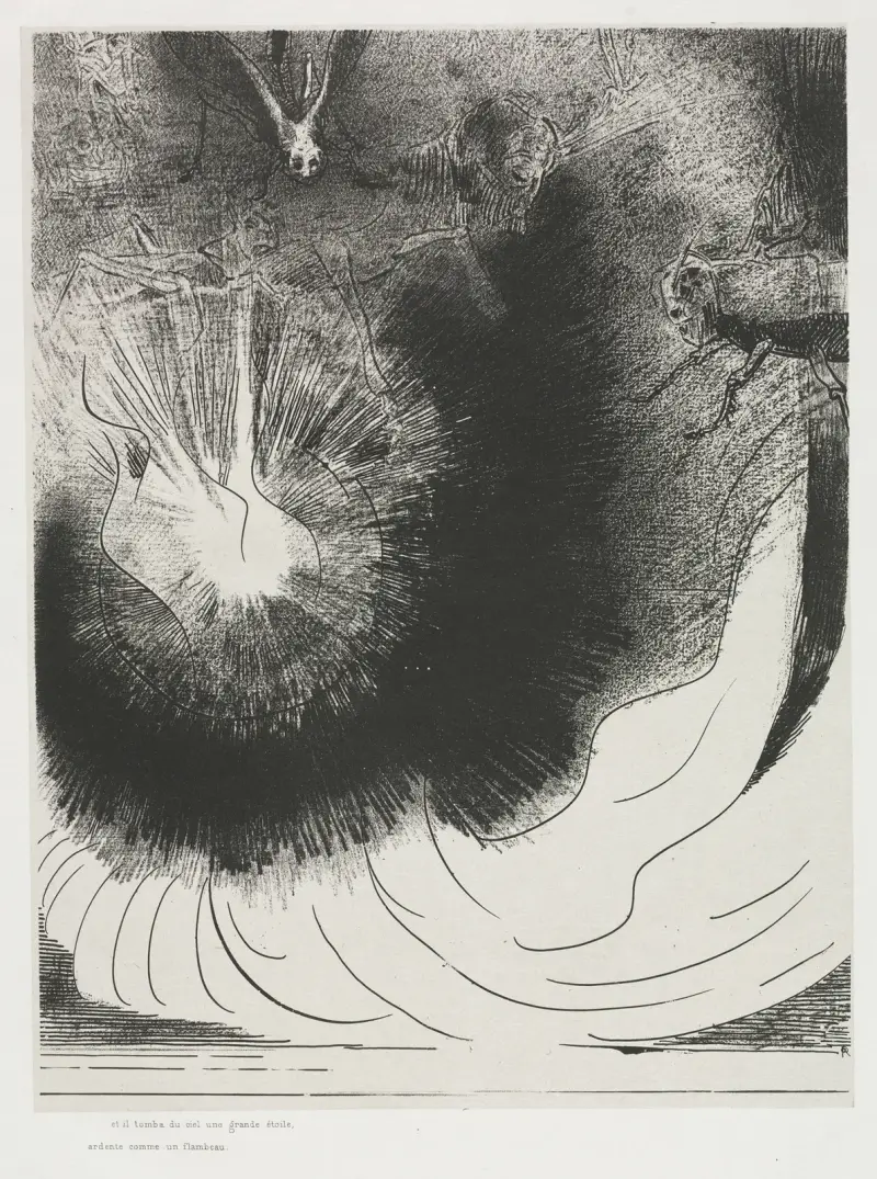 Och en stor stjärna föll från himlen, brinnande som en lampa av Odilon Redon