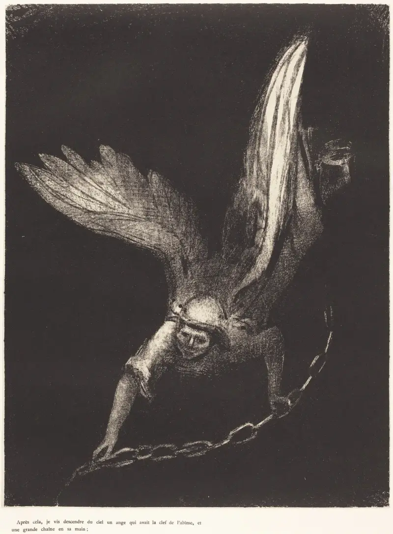 Danach sah ich einen Engel vom Himmel herabsteigen, der den Schlüssel des Abgrunds und eine große Kette in seiner Hand hatte von Odilon Redon