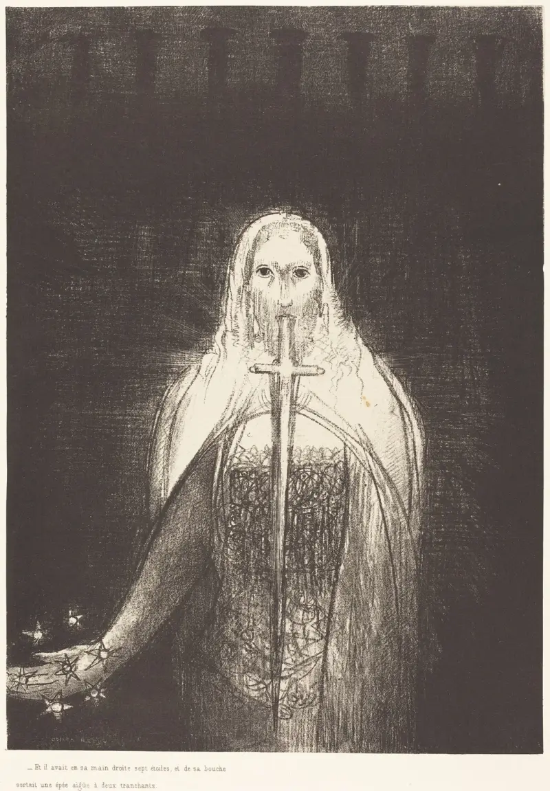 Och i sin högra hand hade han sju stjärnor, och ur hans mun utgick ett skarpt tveeggat svärd av Odilon Redon