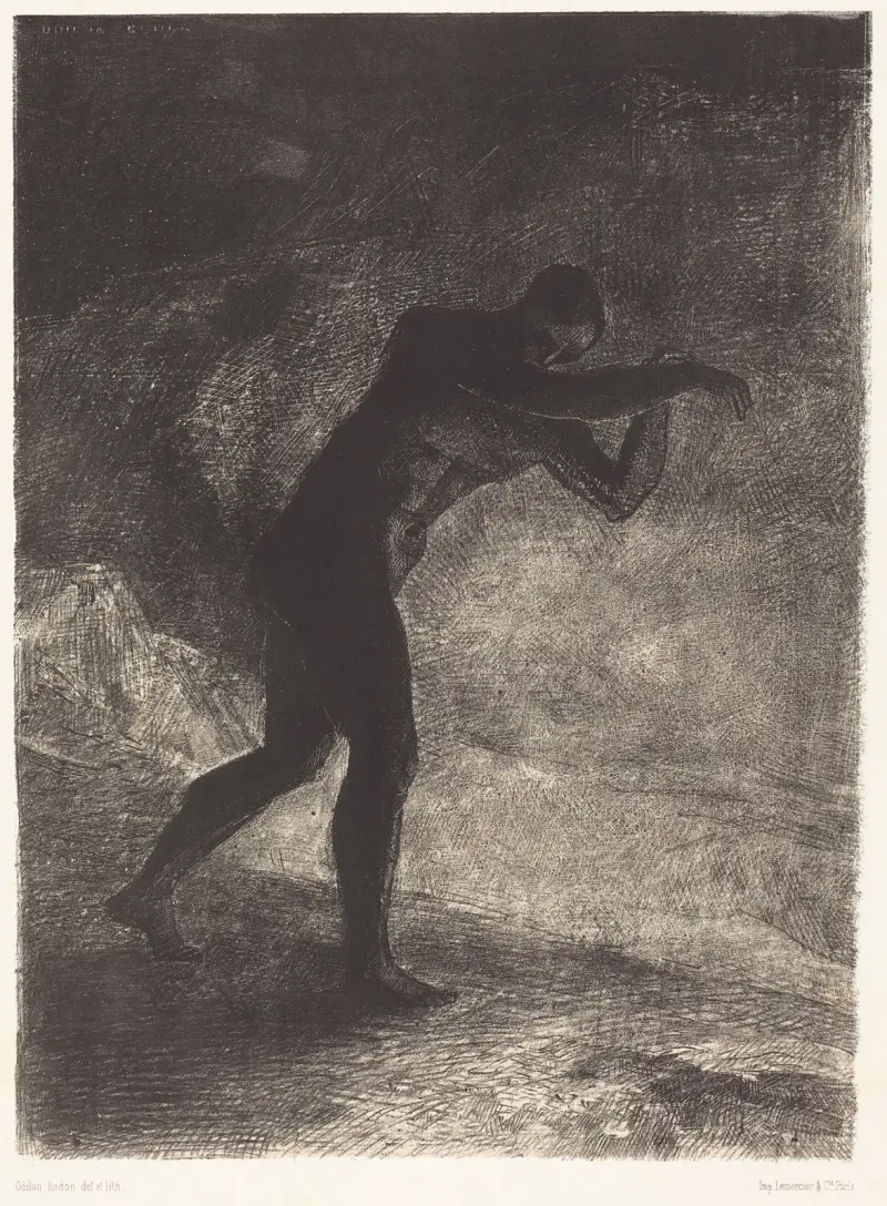 Und der Mensch erschien, den Boden befragend, aus dem er hervorgeht und der ihn anzieht, bahnte er sich den Weg von Odilon Redon