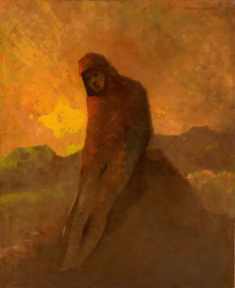 Rödklädd figur sittande på en klippa av Odilon Redon