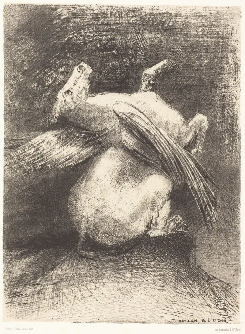 Der machtlose Flügel hob das Tier nicht in diese schwarzen Räume von Odilon Redon