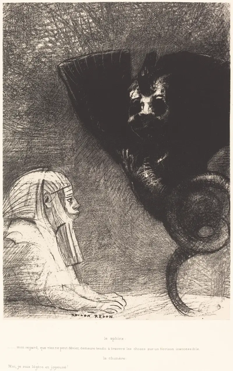 Sfinxen … min blick, som ingenting kan avleda, förblir riktad genom tingen mot en oåtkomlig horisont. Chimären – jag är lätt och glad, 1889 – nr 2 av Odilon Redon