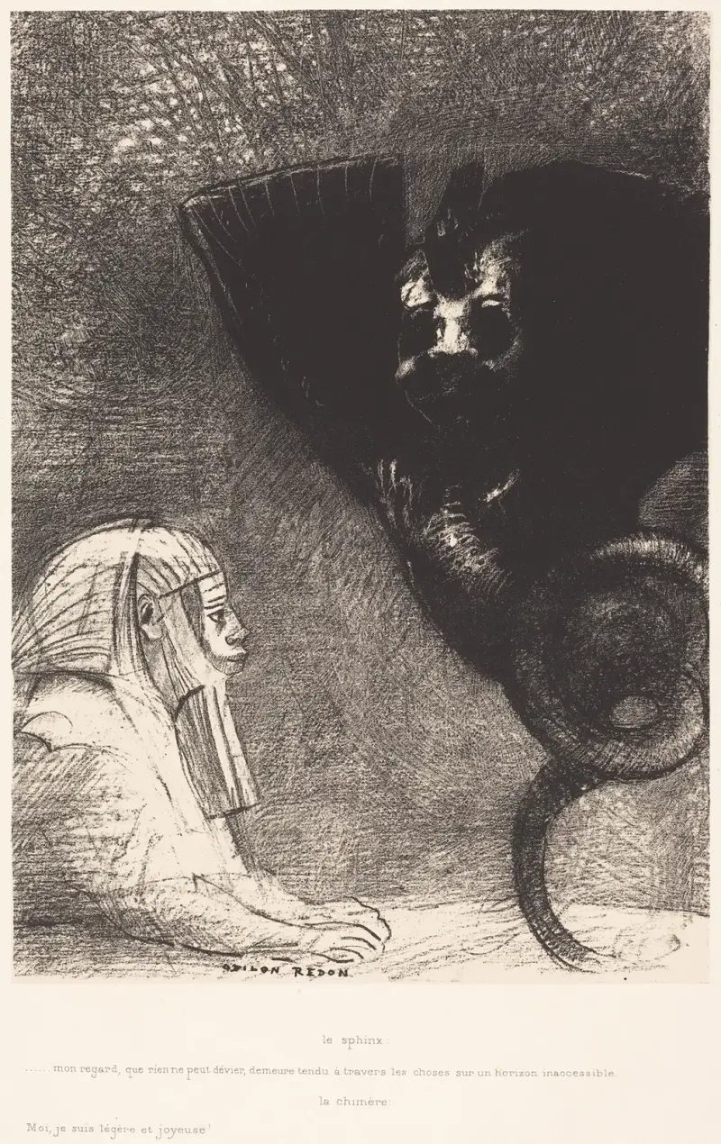 Sfinxen … min blick, som ingenting kan avleda, förblir riktad genom tingen mot en oåtkomlig horisont. Chimären; jag, jag är lätt och glad, 1889 – nr 1 av Odilon Redon