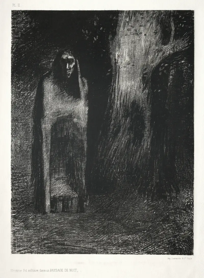 The Man Was Alone in a Night Landscape av Odilon Redon