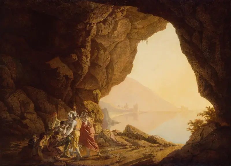 Grotta vid havet i kungariket Neapel med banditer, solnedgång av Joseph Wright of Derby