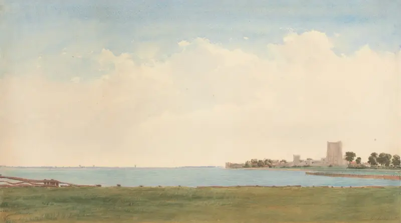 Porchester Castle; Blick vom Dorf Porchester über das Wasser nach Portsmouth von William Turner of Oxford