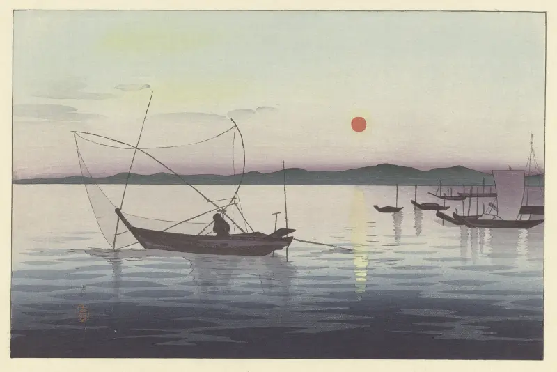Boats and Setting Sun av Ohara Koson