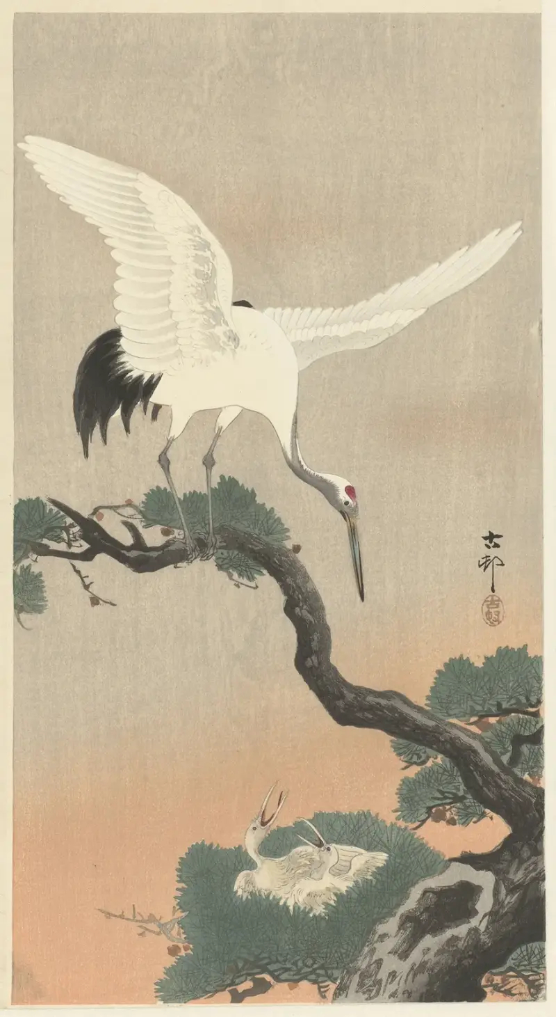 Japansk trana på tallgren av Ohara Koson