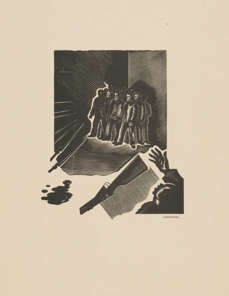 Upplopp i fängelset i Irkutsk, illustration till Mieczysław Bohdan Lepeckis bok Józef Piłsudski i Sibirien av Stanisław Ostoja-Chrostowski