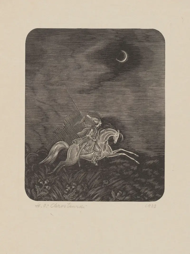 Kosack galopperande på vit häst, illustration till Antonis Malczewskis roman av Stanisław Ostoja-Chrostowski