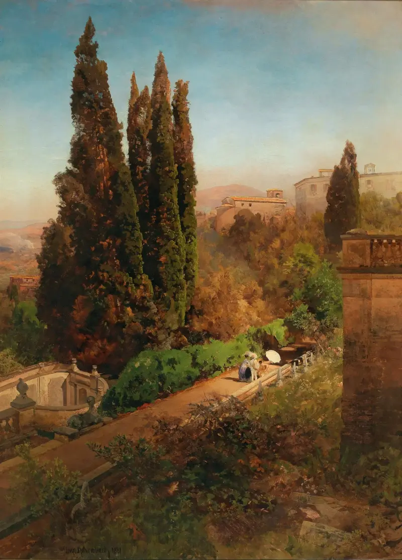 Utsikt över trädgården vid Villa d'Este i Tivoli, nära Rom av Oswald Achenbach