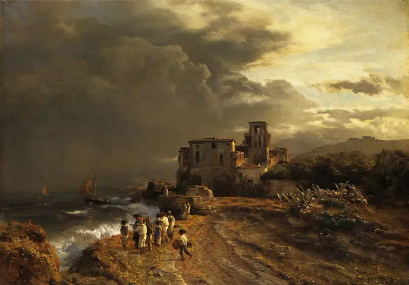 Abziehender Sturm an der italienischen Küste von Oswald Achenbach